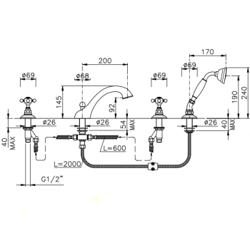 Смеситель для ванны Nicolazzi Half Dome на 4 отверстия, излив: 160мм и ручным душем, тёмная бронза 1404DB70