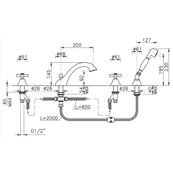 Смеситель на борт ванны Nicolazzi Nuova Brenta на 4 отверстия, с душевой лейкой, излив: 200мм, тёмная бронза 2504DB