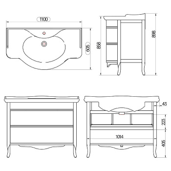 Тумба с раковиной Tw Armony Azzurra GIU200110/ALZA bix1, 112x62, 2 ящика, доводчики Blum, grafite, ручки серебро антик ARM2110-GF+GIU200110/ALZA bi*1 комплект