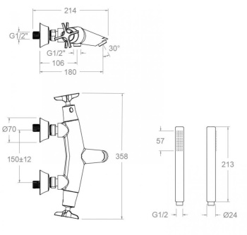 Смеситель термостатический Ramonsoler Adagio для ванны с душевым комплектом золото 913901DOC