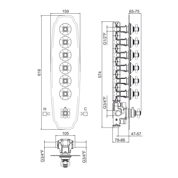 Внешняя часть вертикальная для термостатического смесителя Carimali Colonial с 6-ю независимыми выходами хром 21064EST-CR