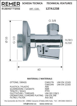 Вентиль Remer ○ угл.¼обор с фильтр 1/2- 3/8 RR 127A1238