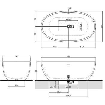 Ванна из искусственного камня Antonio Lupi Reflex 169x86 REFLEX Fume/cr