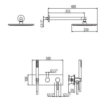 Комплект для ванны со смесителем двстроенным Gattoni Circle One на 2 вых, ручной лейкой и верхним душем 250, хром 9070/PDC0