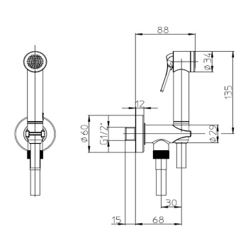 Bossini Apice Гигиенический душ, в комплекте с держателем, подводом воды и шлангом 125см., цвет: чер