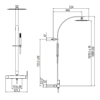 Смеситель для душа с колонной Gattoni Ely верхний душ 250х250, с ручным душем, хром 8895/PDC0