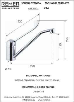 Смеситель локтевой для кухни Remer K44 хром