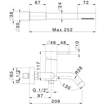 Смеситель для ванны Cisal Xion настенный, с ручной лейкой, держателем и шлангом 150 см, нержавеющая сталь XI000124D1