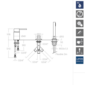 Смеситель на борт ванны Ramonsoler Drako без излива с душевым комплектом 333302SCAM