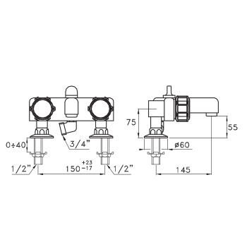 Смеситель на борт ванны Stella Timeaster на 2 отверстия 3267RG, ручка d=65 хром, ручка черная TD 02001 CR00N