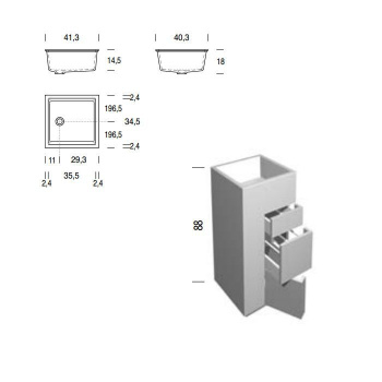 Тумба с раковиной Noorth Milldue Edition Touch 410х400х880, напольный, 3 ящика, слив в пол, раковина Milltek белая матовая, отделка Bianco матовый, 2914.2.41