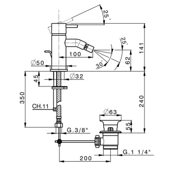 Смеситель для биде Cisal Less New однорычажный, на 1 отверстие с донным клапаном, хром LN00055021