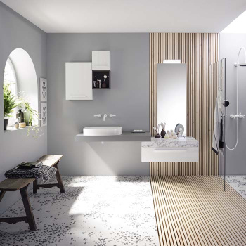 Burgbad Sys30 Комплект мебели №4, тумба со столешницей 90х54х24см., 1 ящик, с раковиной, зеркалом, и светильником с металлическими кронштейнами, ручка белая,  подвесной, цвет: белый глянцевый HF3042/L G0141 F1507