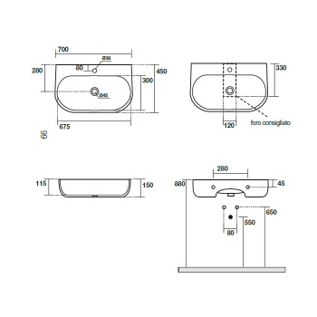 Раковина подвесная Kerasan Nolita 70х45, с 1 отв под смеситель, Чёрный матовый 534231*1