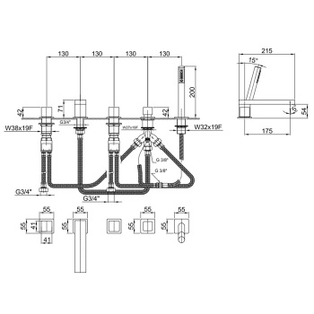 Смеситель на борт ванны Fantini Mint 5 отв., с ручн душем, излив 175, хром 34 02 F165