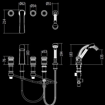 Смеситель на борт ванны Devon&Devon Excelsior Royal с 5 отверстиями переключателем и душем античная латунь EXC-RY150OTS