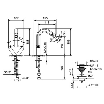 Смеситель для биде Fantini Venezia 1 отв., с донным клапаном, излив 120, Matt Gun Metal PVD 29 P5 N462SF