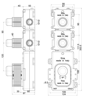 Внутренняя часть встраиваемого термостатического смесителя для душа Fima Carlo Frattini 2 источника F2462