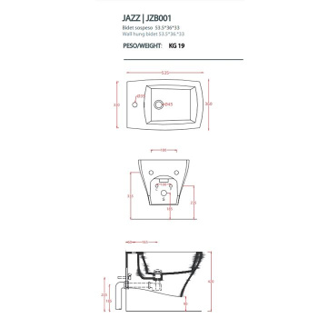 Биде подвесное Artceram JAZZ 54x36, c креплением, с 1 отв под смеситель .белый JZB001 01 00