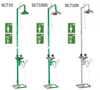Комбинированный аварийный душ Nofer из оцинкованной стали с педалью управления и раковиной для промывки глаз, чаши из полипропилена, SC710