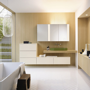 BURGBAD RC40 Комплект мебели 260см., столешница с раковиной RAL6013 Reed green, тумба с 5 ящиками, зеркальный шкаф с подсветкой, подвесной, цвет: Eiche Authentic/Champagner Hochglanz MBA0070 RAL6013