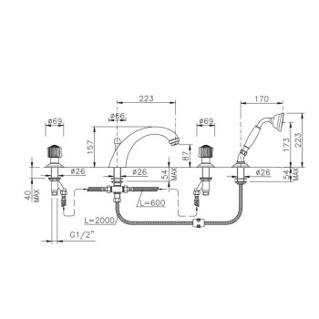 Смеситель на борт ванны Nicolazzi Onice на 4 отв., излив: 223 мм, с ручным душем, золото 2104GO09O