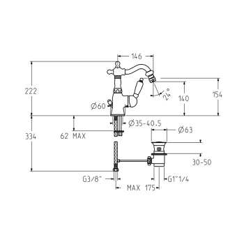 Смеситель для биде с высоким изливом Gattoni Orta с белой ручкой, с донным клапаном, бронза 2751/27V0 OLD