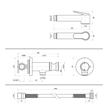 Bossini Paloma Brass Гигиенический душ с прогрессивным смесителем, лейка металлическая, шланг металл