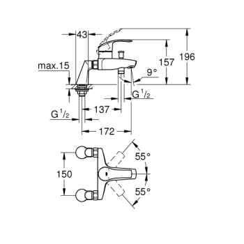 Смеситель однорычажный для ванны, GROHE Eurosmart New, хром, 33303002