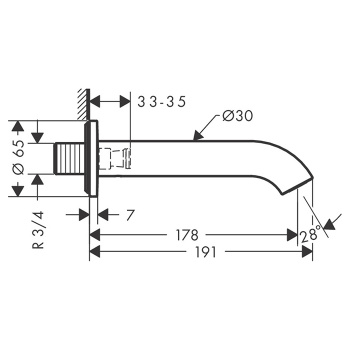Axor Uno Излив для ванны, 178мм, настенный, ¾’, цвет: шлифованный никель 38411820