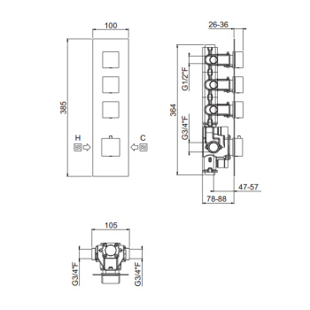Внешняя часть вертикальная термостатического смесителя Carimali Ilquadro на 3 потребителя. Квадратная пластина и ручки, хром 21030EST-CR