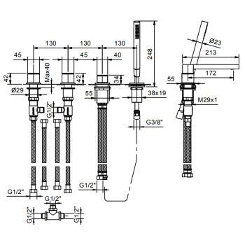 Смеситель на борт ванны Fantini Mint на 2 источника, 4 отв., с ручн душем, без излива, нержавеющая сталь 34 93 F167