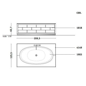 Стальная ванна Milldue Hilton 209.5x125.5 1904