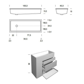 Тумба с раковиной Noorth Milldue Edition Touch 1000х400х880, напольный, 3 ящика, слив в пол, раковина Milltek белый матовый, отделка Fango матовый, 371505