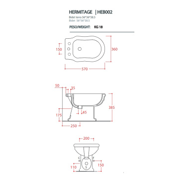Биде напольное Artceram HERMITAGE 55х36, с 1 отв под смеситель с креплением, белый HEB002 01 00*1