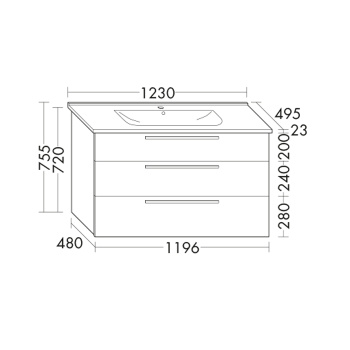 Burgbad Essento База подвесная с керам.умыв.123х49.5х75.5см. 3 выдв ящика, вкл сифон, с 1 отв для смес. цвет: белый  высоглянц F1130,без-рейлинг G0090 с зеркалом с подсветкой  SIHF120