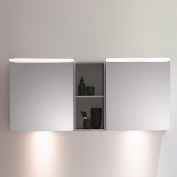 BurgBad Badu Зеркальный шкаф 150х31х66.5см, 2 светильника,2 выкл, 2 зерк двери, стойка с 1 полкой, стекл полки, подсветка мойки, цвет: лен серый.  SFUE150K0521