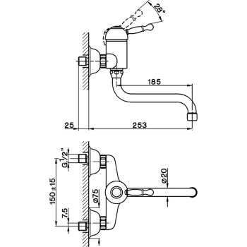Смеситель для кухни Cisal Arcana Royal однорычажный, настенный, с поворотным изливом 253 мм, бронза AY00040027