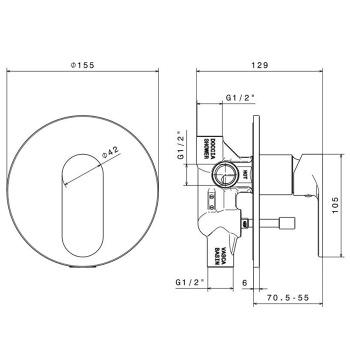 Встроенный однорычажный смеситель PIANO для душа с переключателем Kerama Marazzi на 2 источника внешняя и внутренняя части, хром 69370KM.21.018
