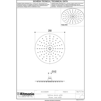 Верхний тонкий душ Ritmonio Shower D25 см нержавеющая сталь 75S010 INOX