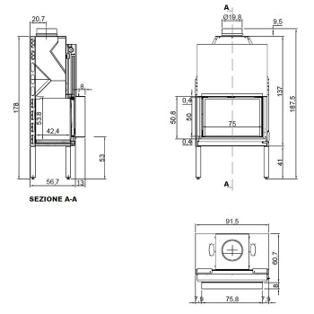 Камин дровяной Antonio Lupi Piano Fuoco 212.4/75.8х32х69.2, встраиваемый в стену, дверца выдвижная из керамического стекла, рама из камня Basalto А0002456836