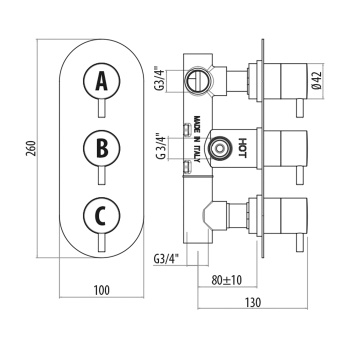 Термостатический встраиваемый смеситель для душа Gattoni Termostatici на 2 источника, (внутренняя+внешняя часть) на прямоугольной пластине, хром TS993/22C0.Mcr