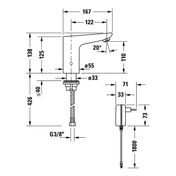 Электронный смеситель для раковины Duravit Sensor1 SE1090007C10 с блоком питания, хром