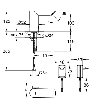 Смеситель инфракрасный для раковины Grohe Baucosmopolitan E 36453000 с ограничителем температуры, хром