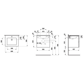 LAUFEN PRO S База с раковиной 600x500x545 мм с мех. мягкого закрывания, с 2 ящиками, с 1 отв для смес.цвет  белый глянцевый