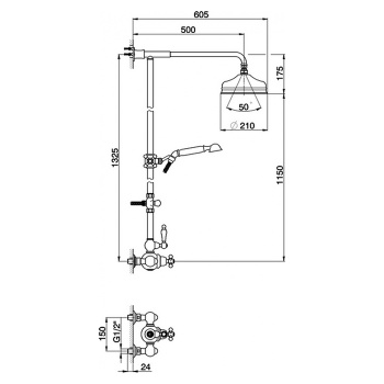 Настенная душевая система Cisal Arcana Toscana термостатический смеситель для душа,верхний душ,ручной душ с держателем и шлангом, хром TS00407021