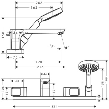 Axor Urquiola, Смеситель для ванны, на 4 отверстия, монтаж на плитку, внешняя часть, цвет: хром 1144