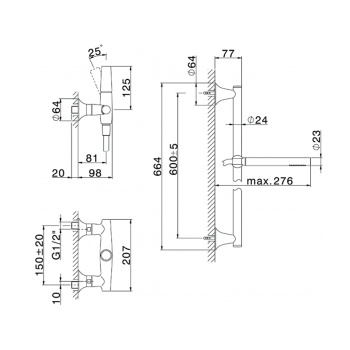 Комплект для душа Cisal Vita смеситель+ душевой гарнитур штанга L=664мм, шланг и ручной душ 1 режим, хром VI00046421