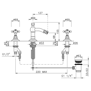 Смеситель для биде Nicolazzi Half Dome Crystal на 3 отверствия с донным клапаном, излив: 127 мм, хром 1415CR93