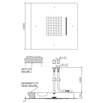 Верхний душ Newform Soffioni 400х400, квадрат, монтаж в потолок, 2 источника тропический душ, водопад, G1/2, хром 685.21.018